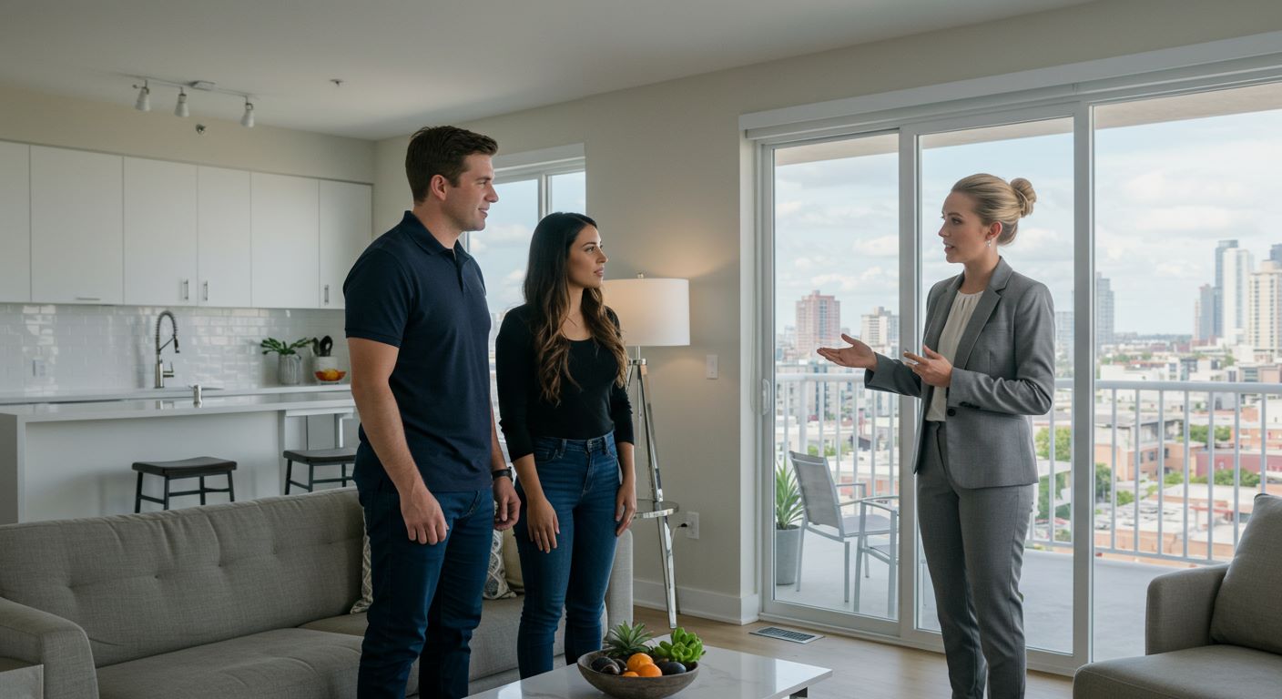 아파트 내부를 설명하고 있는 직원과 고객 사진