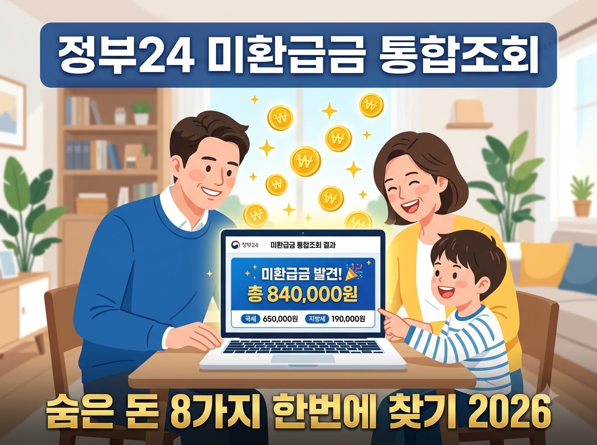 alt="정부24에서 미환급금을 발견하고 기뻐하는 가족 일러스트"