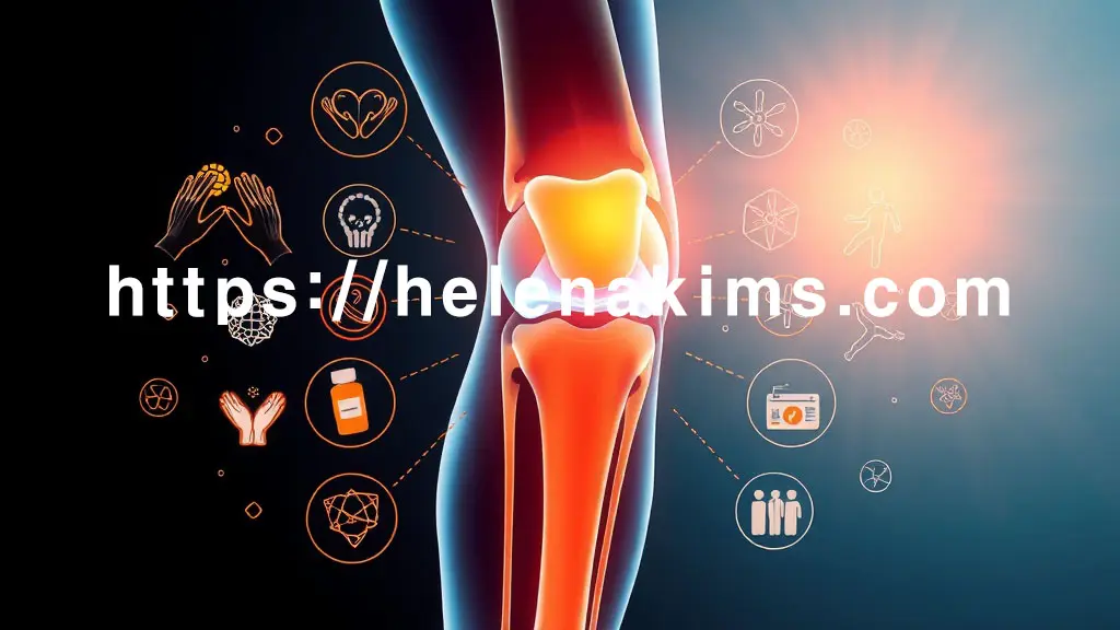 통증 완화된 무릎 관절을 중심으로 치유의 손길, 약물, 재활 운동을 상징하는 아이콘들의 이미지.