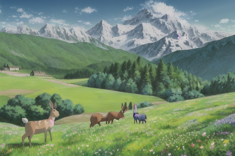ghibli style, 3 girls, full body, cheering, smile, playing with rabbit and deer, landscape, snow mountain in the distance,