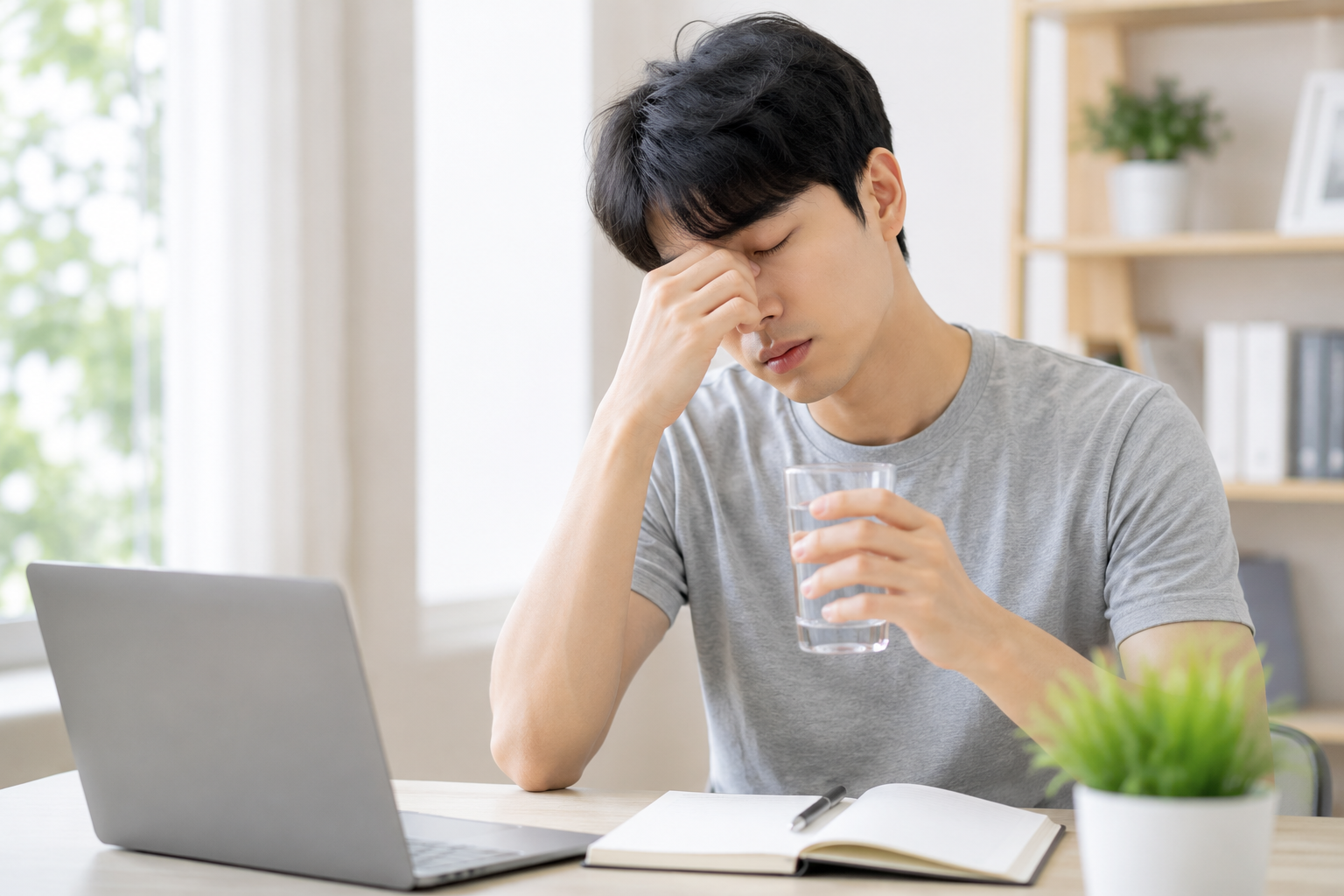 갈증과 피로를 느끼며 물을 마시려는 모습