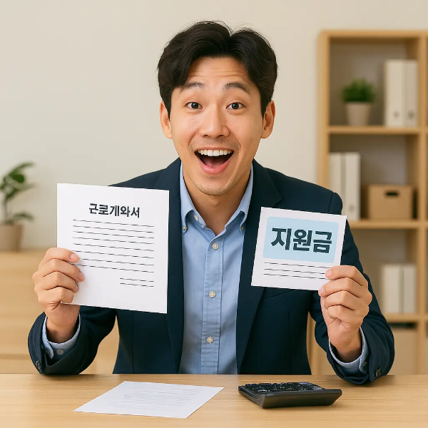 밝은 실내에서 웃고 있는 한국인 남성 자영업자의 인물 이미지, 정부 지원금을 받은 듯한 여유로운 표정