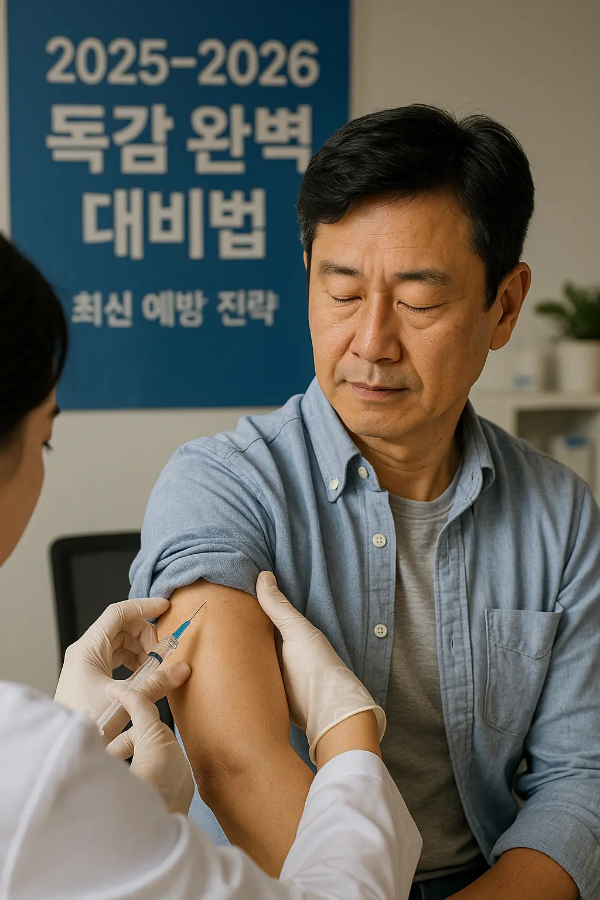 중년 한국인 남성이 병원에서 2025-2026 독감 예방 주사를 맞는 장면, 텍스트 없음