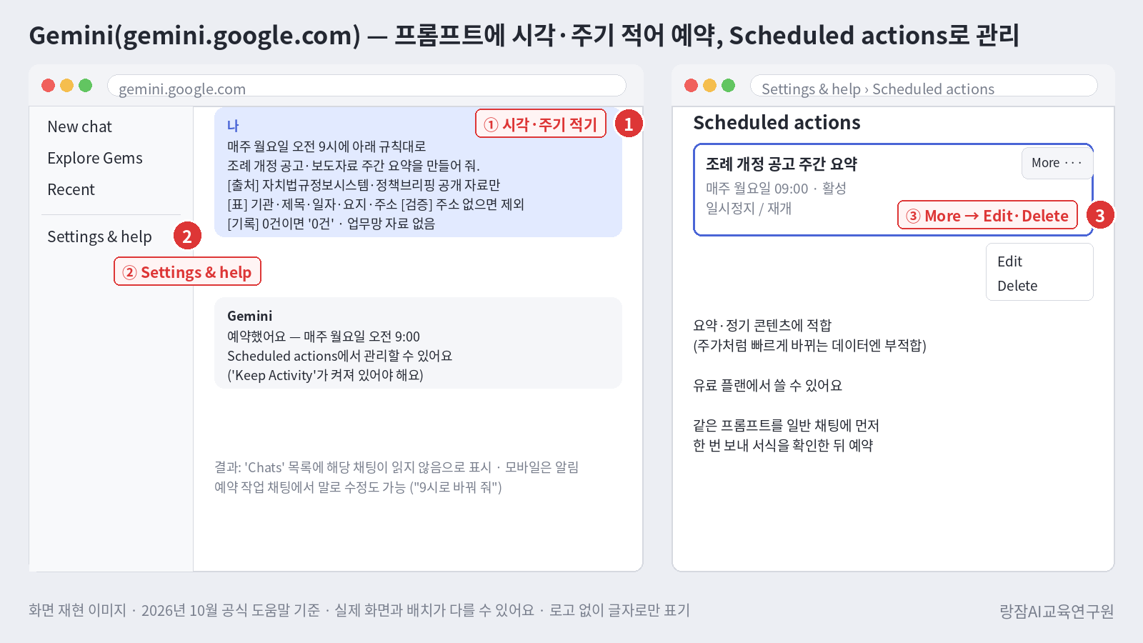 화면 재현 &mdash; gemini.google.com 에서 프롬프트에 시각&middot;주기를 적어 예약 만들기, Settings &amp; help &rsaquo; Scheduled actions