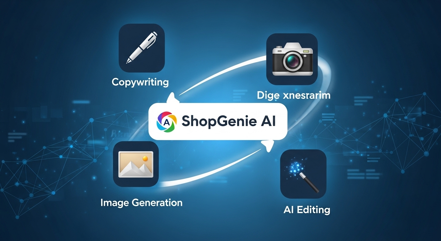카피라이팅, 이미지 생성, AI 편집 기능을 상징하는 아이콘들이 ShopGenie AI 로고를 중심으로 회전하는 역동적인 그래픽.