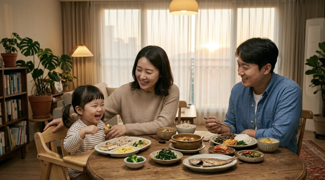 유치원 적응으로 고생한 아이를 위해, 온 가족이 따뜻한 조명 아래 둘러앉아 단백질과 좋은 지방이 균형 잡힌 5:3:2 비율의 저녁 식사를 하며 웃고 있는 모습