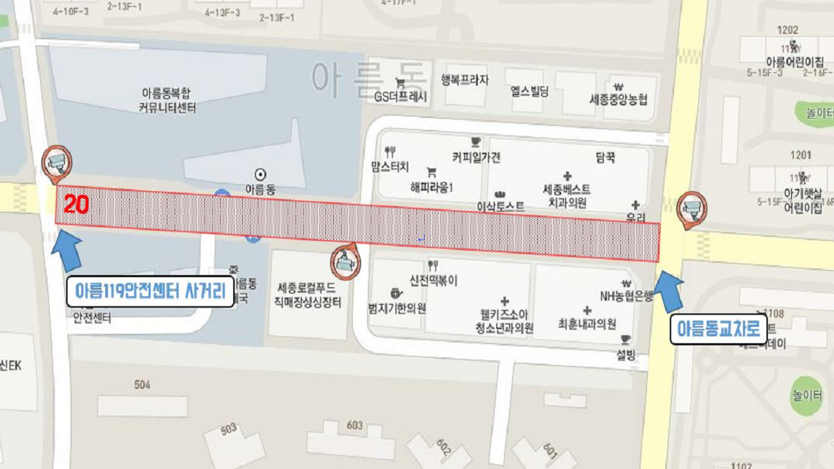 아름119안전센터 사거리아름동 행정복지센터아름교차로 구간. 세종로컬푸드직매장, 병원, 상가 주변 붉은 점선 단속 구역.