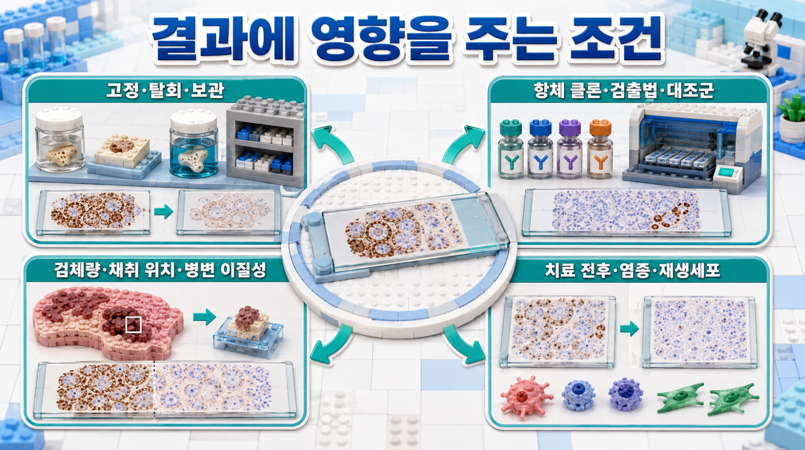 면역조직화학검사 결과에 영향을 주는 고정·탈회·보관, 항체 조건, 검체 이질성과 치료 시점 인포그래픽