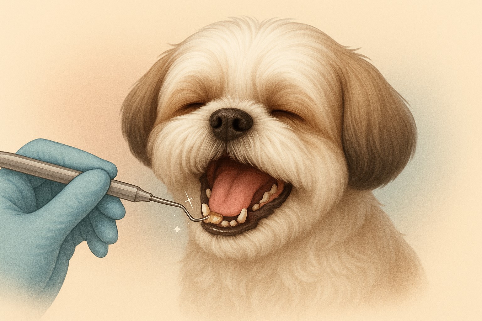 시츄 (소형견, 입 벌린 모습)
수의사의 손(스케일링 기구 들고 있음), 치석 제거되는 느낌을 상징적으로 표현함