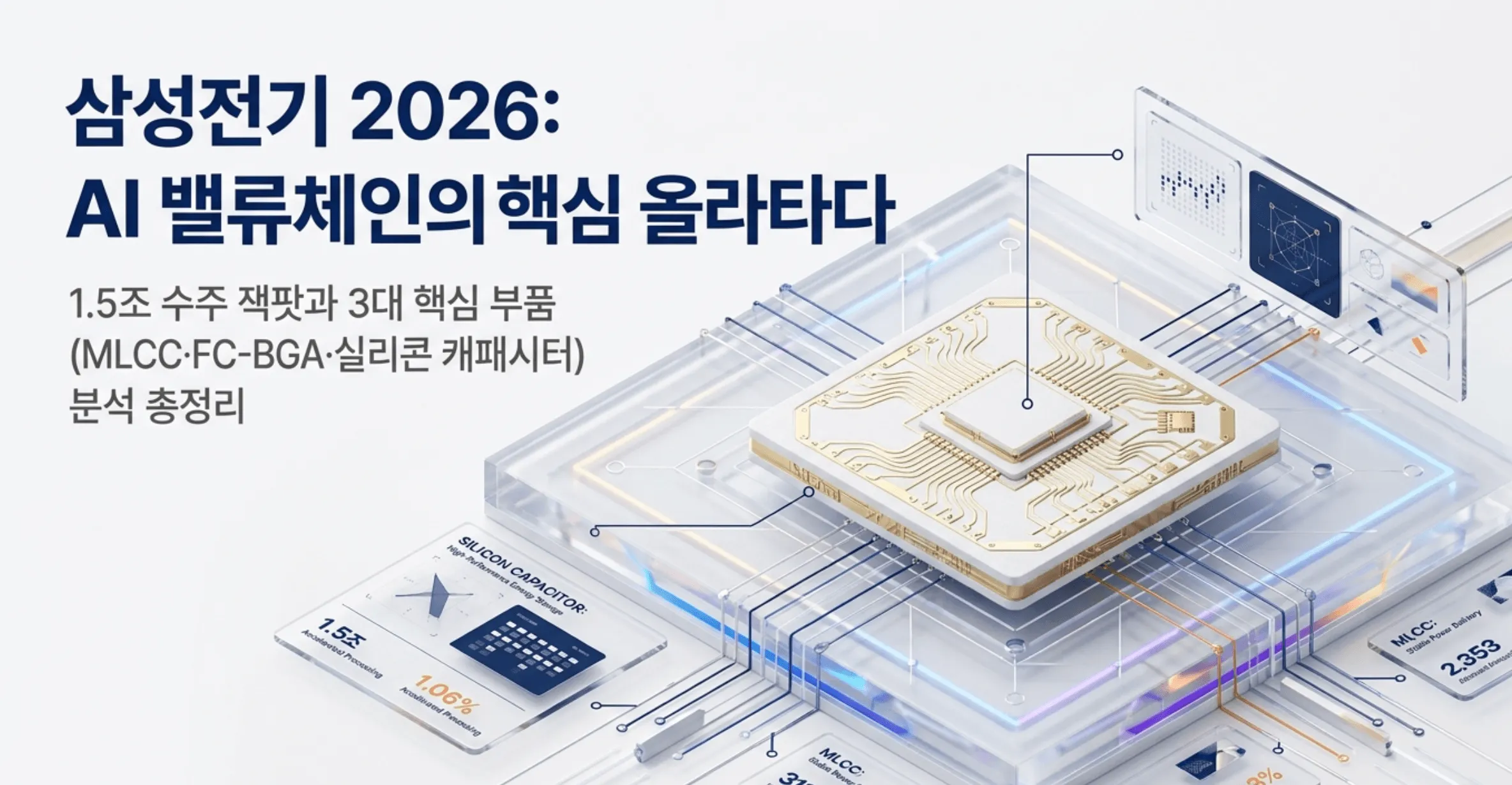 삼성전기 2026년 주가 전망 대표 이미지. 반도체 패키지 기판 위에 실리콘 캐패시터와 MLCC 부품이 배치된 인포그래픽으로 1.5조 수주 잭팟과 3대 핵심 부품(MLCC&middot;FC-BGA&middot;실리콘 캐패시터) 분석 총정리라는 문구가 포함되어 있다. 이 이미지는 삼성전기가 AI 밸류체인의 핵심 토털 솔루션 공급자로 부상한 배경과 제품별 성장 전망을 시각적으로 전달하며 블로그의 삼성전기 주가 전망 및 목표주가 실적 분석 주제와 관련된 내용을 설명한다