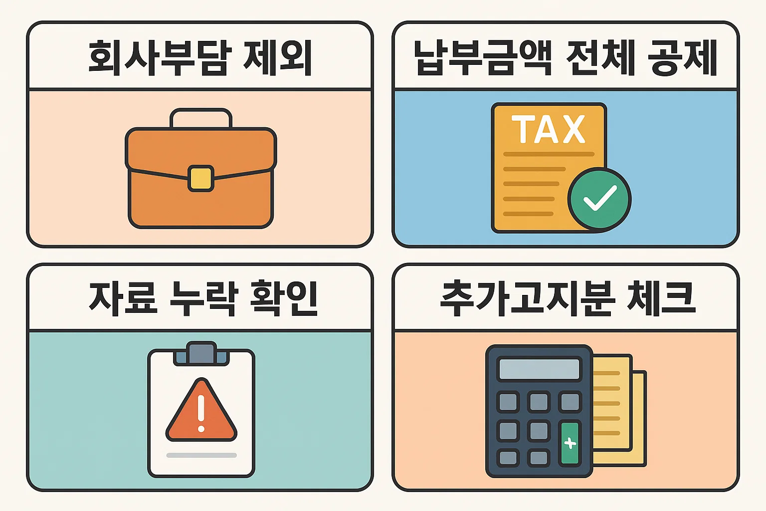 회사부담분 제외, 납부금액 전체 공제 가능, 자료 누락 및 추가고지분 확인 등 공제 과정에서 자주 놓치는 주의사항을 간단히 요약한 인포그래픽입니다.