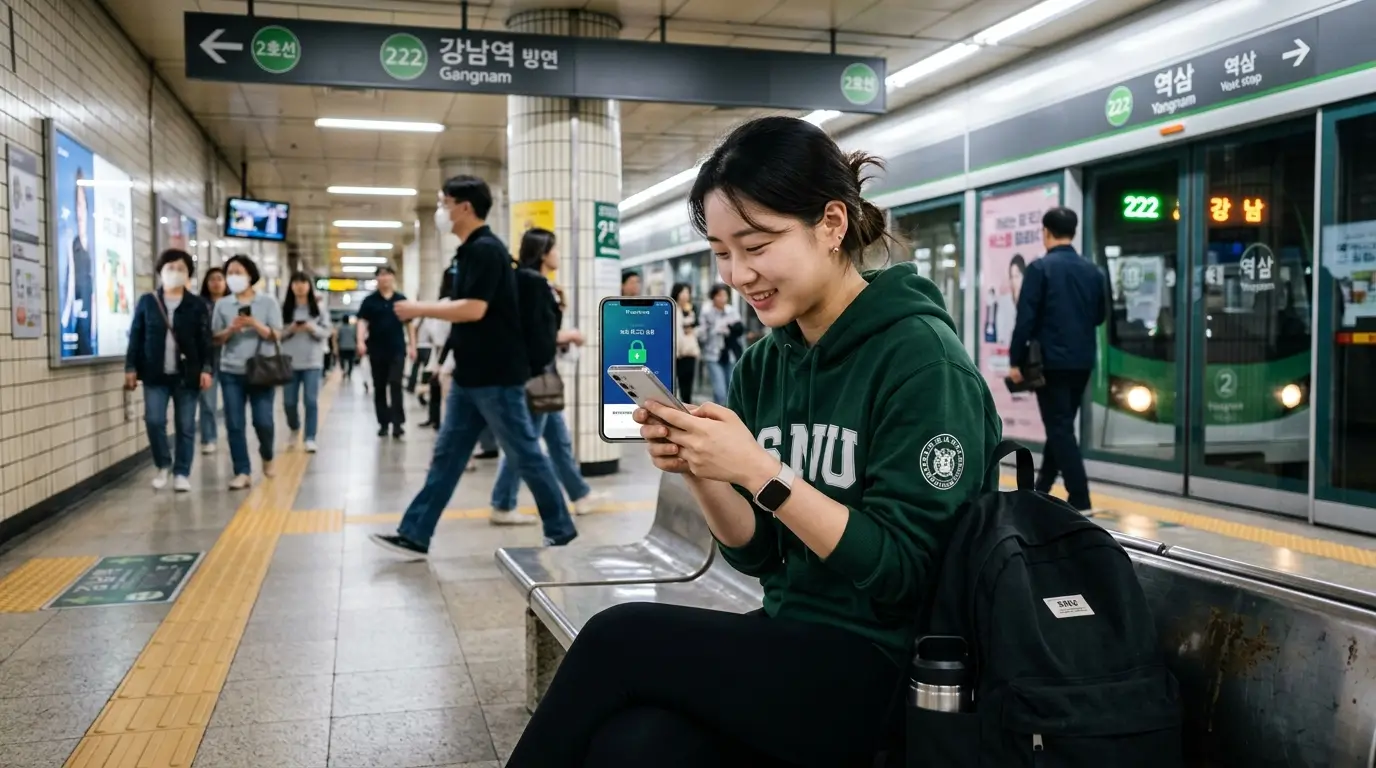 지하철역 벤치에 앉아있는 여대생이 대출 잘 나오는 저축 은행 모바일 앱 화면을 보며 안도하는 모습