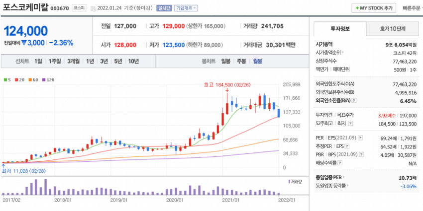 포스코케미칼 주가 월봉 차트