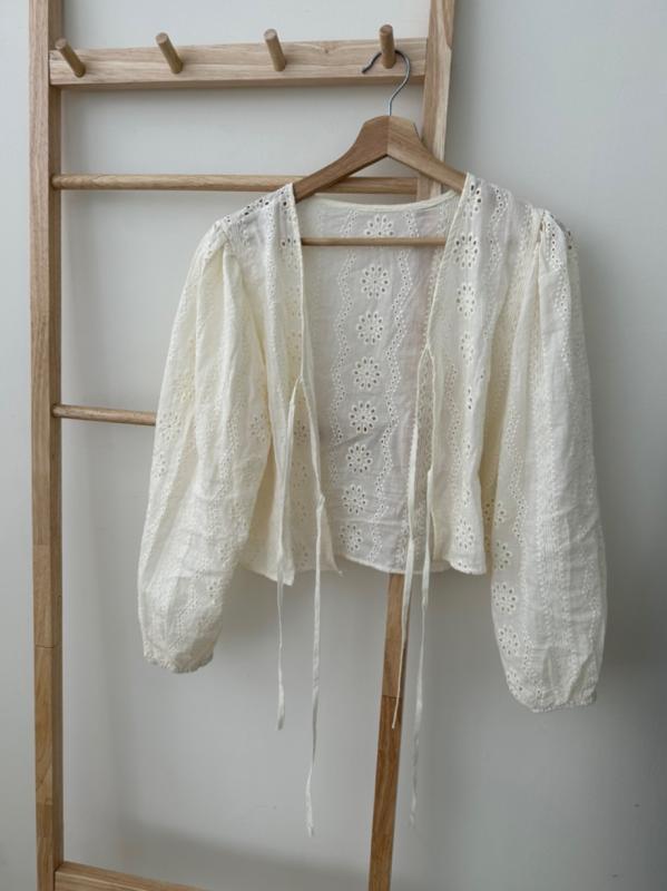 펀칭 아일렛 리본 스트랩 레이스 가디건 블라우스