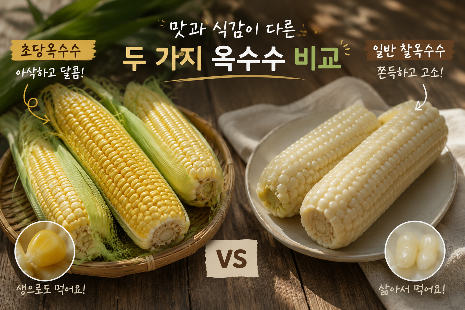 나무 테이블 위에 초당옥수수와 삶은 찰옥수수를 바구니에 담고 자연광이 들어오는 감성 사진, 초장옥수수와 일반옥수수 비교