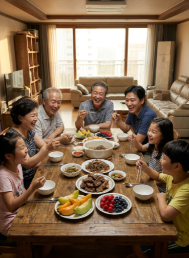 거실에 모여 앉아 신선한 과일과 고기 요리를 즐기며 행복하게 웃고 있는 3대 가족