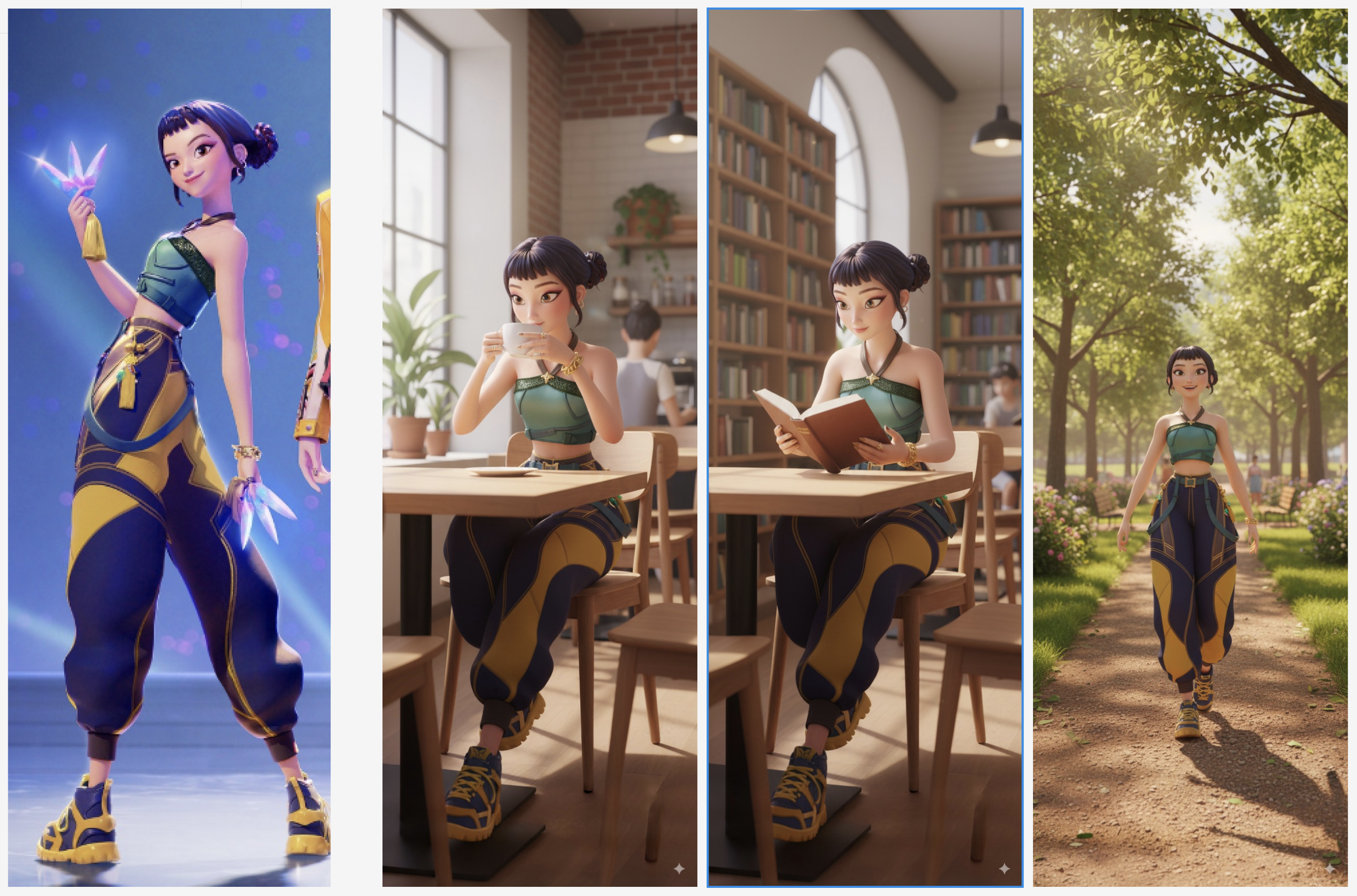 케이팝 데몬 헌터스의 '조이'캐릭터를 이용한 이미지 일관성 유지 예시