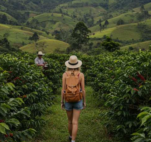 콜롬비아 커피 농장 여행하는 여성