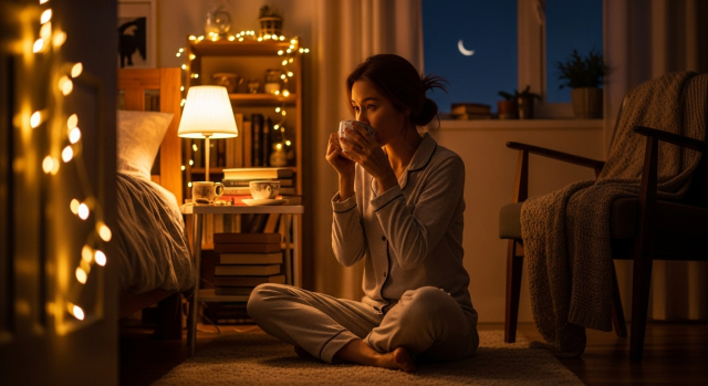 잠들기 전 차를 마시는 한국 여성