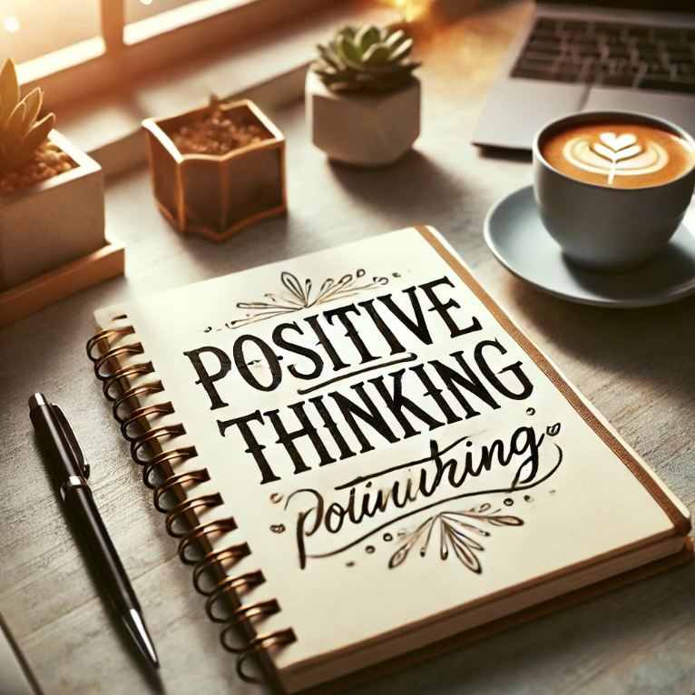 책상 위에 적힌 ‘긍정적인 사고’라는 문구와 성공 노트