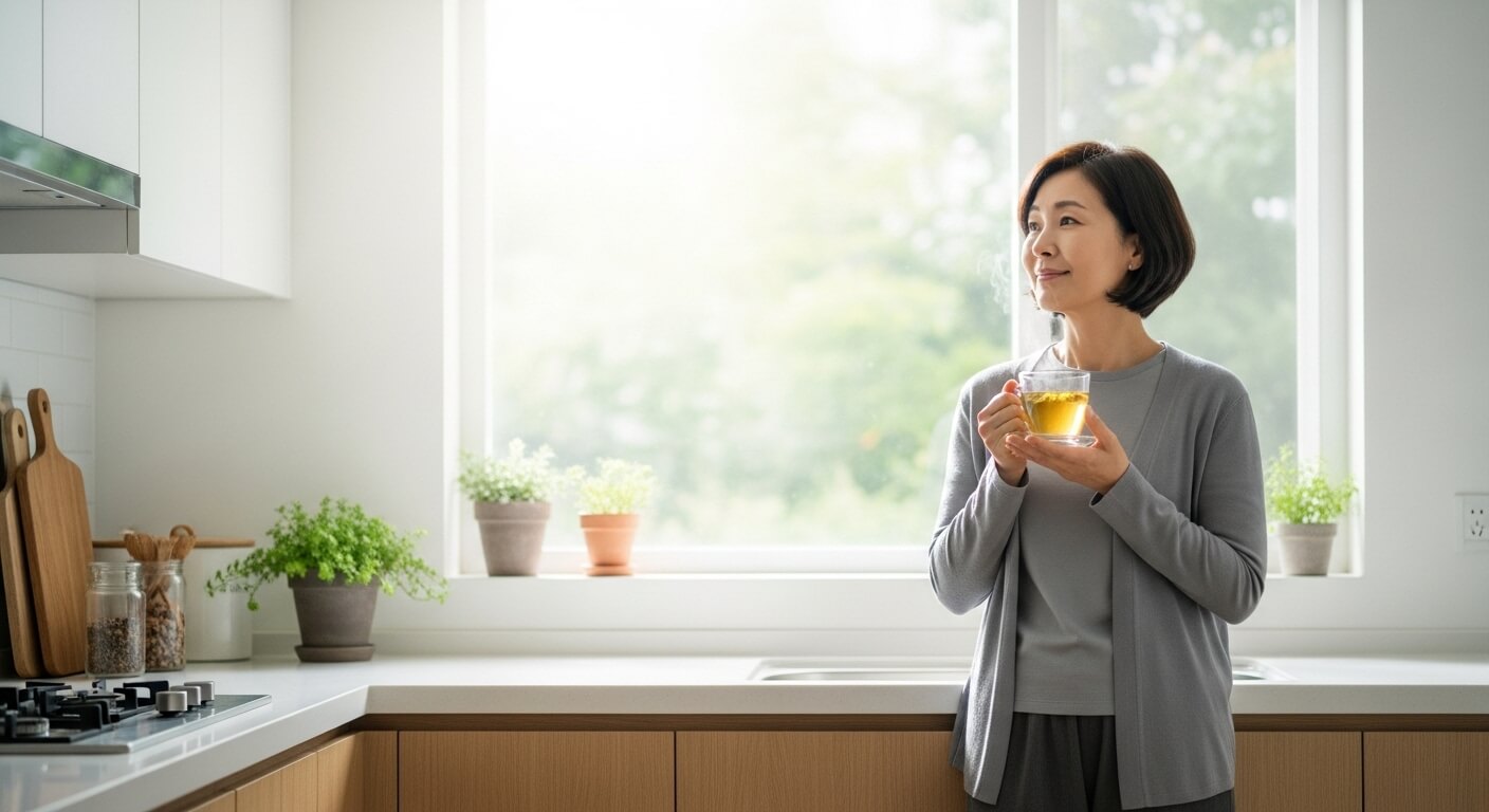밝은 주방에서 따뜻한 차를 마시며 하루 루틴을 시작하는 중년 여성