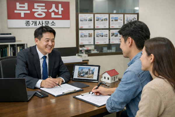 부동산에서 서류를 작성하는 사람들