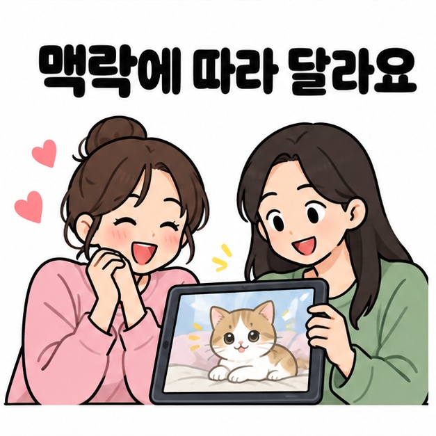 맥락에 따라 달라요라는 문구 아래 두 친구가 태블릿의 고양이 영상을 보며 웃고 감탄하는 모습