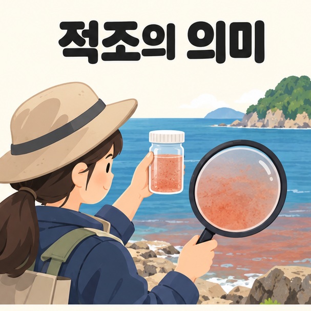 해안에서 바닷물 시료와 관찰 도구를 살펴보는 사람