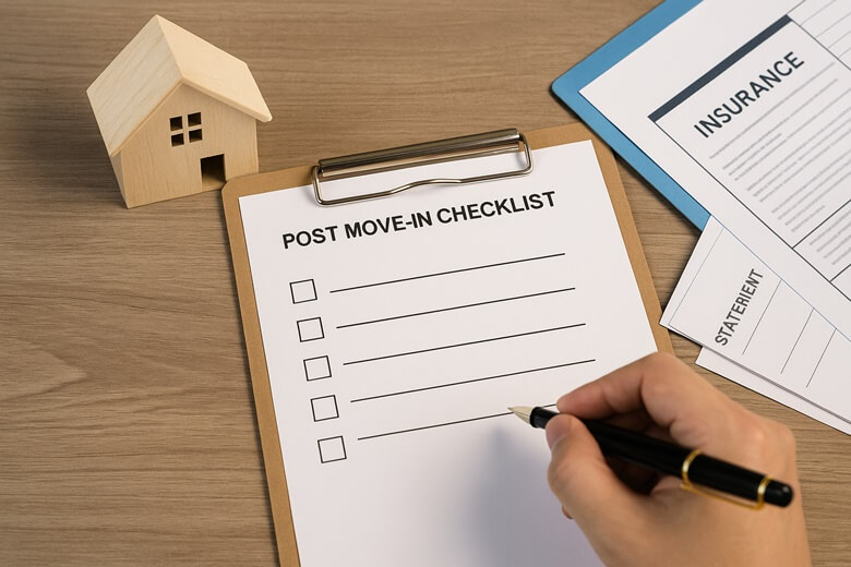 전세 입주 후 체크리스트를 작성 중인 손, 집 모형과 보증 서류가 놓인 책상 위 장면