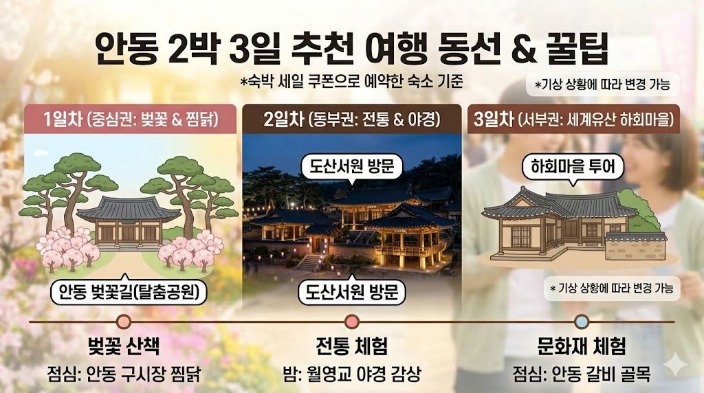 2026 안동 2박 3일 추천 여행 동선 지도 벚꽃축제 찜닭 월영교 야경 도산서원 하회마을 숙박 세일 쿠폰 인포그래픽 본문 이미지