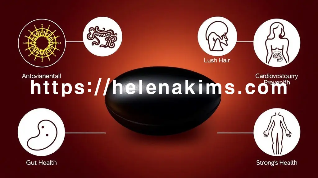 . 중앙에 생기 넘치는 검은콩이 자리하고, 주변으로 다섯 가지 건강 효능을 상징하는 세련된 아이콘들이 펼쳐져 있다. 빛나는 세포(항산화), 풍성한 모발(탈모 예방), 깨끗한 혈관(심혈관), 활기찬 장(장 건강), 튼튼한 뼈(여성 건강)을 상징 하는 이미지.