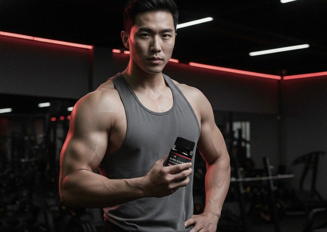 Korean Asian man 47 years old preparing supplements in morning kitchen