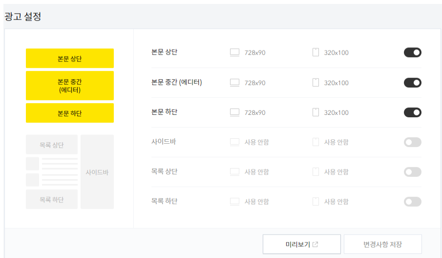카카오 애드핏을 켜고 광고 확인 애드핏까지 3개 노출