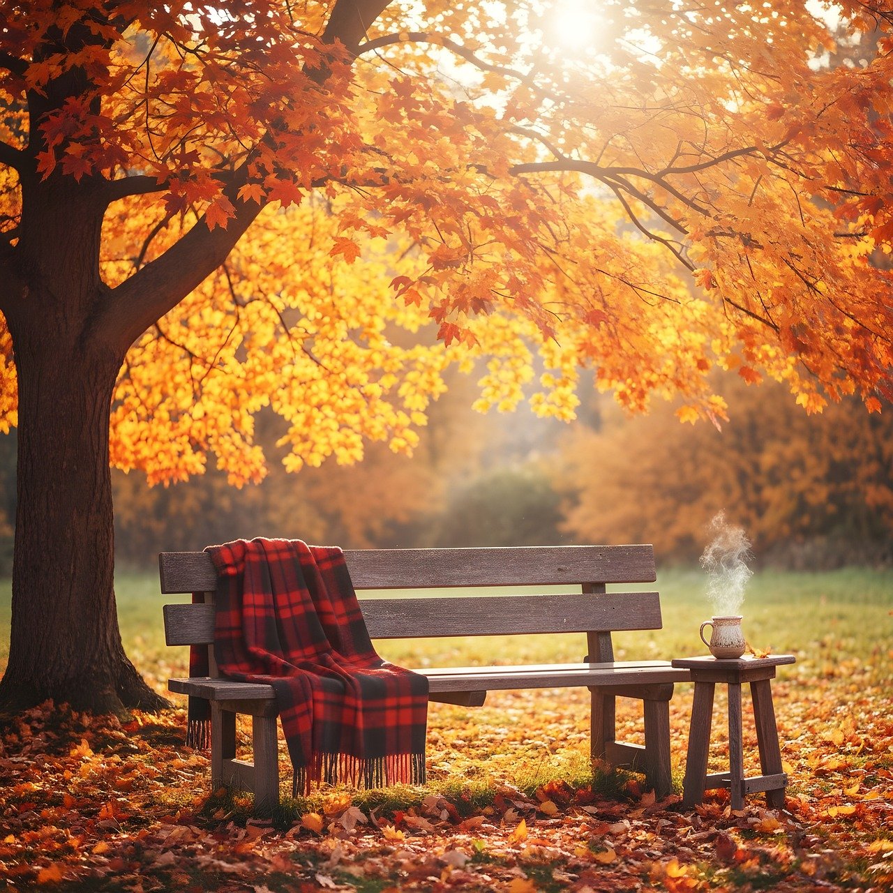 가을 단풍 아래 벤치, 벤치 위에 놓인 담요, 따뜻한 음료가 든 잔