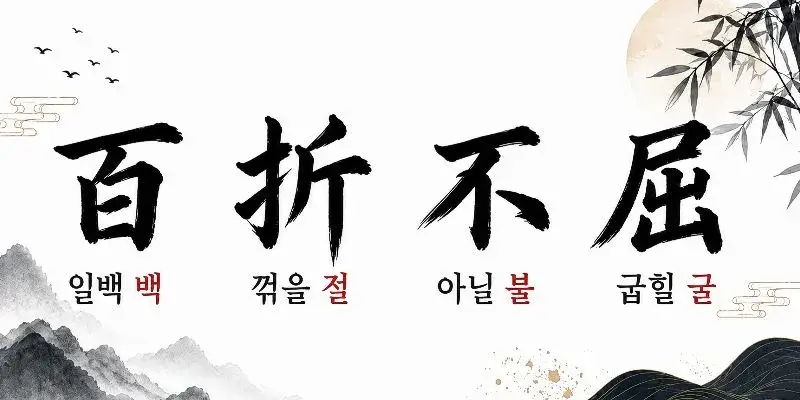 백절불굴(百折不屈) 한자와 일백 백, 꺾을 절, 아닐 불, 굽힐 굴의 뜻을 전통 수묵화 스타일로 표현한 이미지