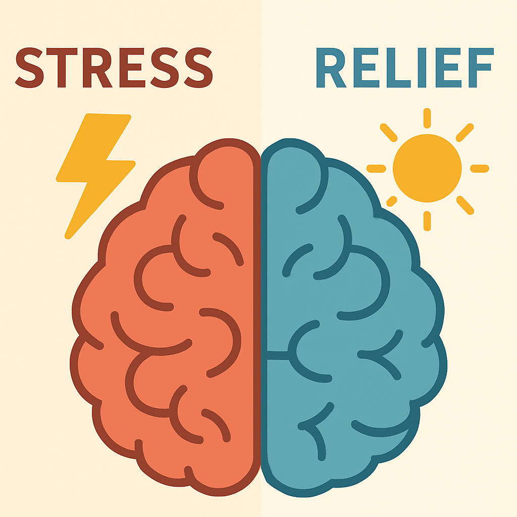 스트레스(STRESS)와 안정/완화(RELIEF)의 대조적인 상태를 뇌의 좌우로 나누어 시각적으로 표현한 인포그래픽