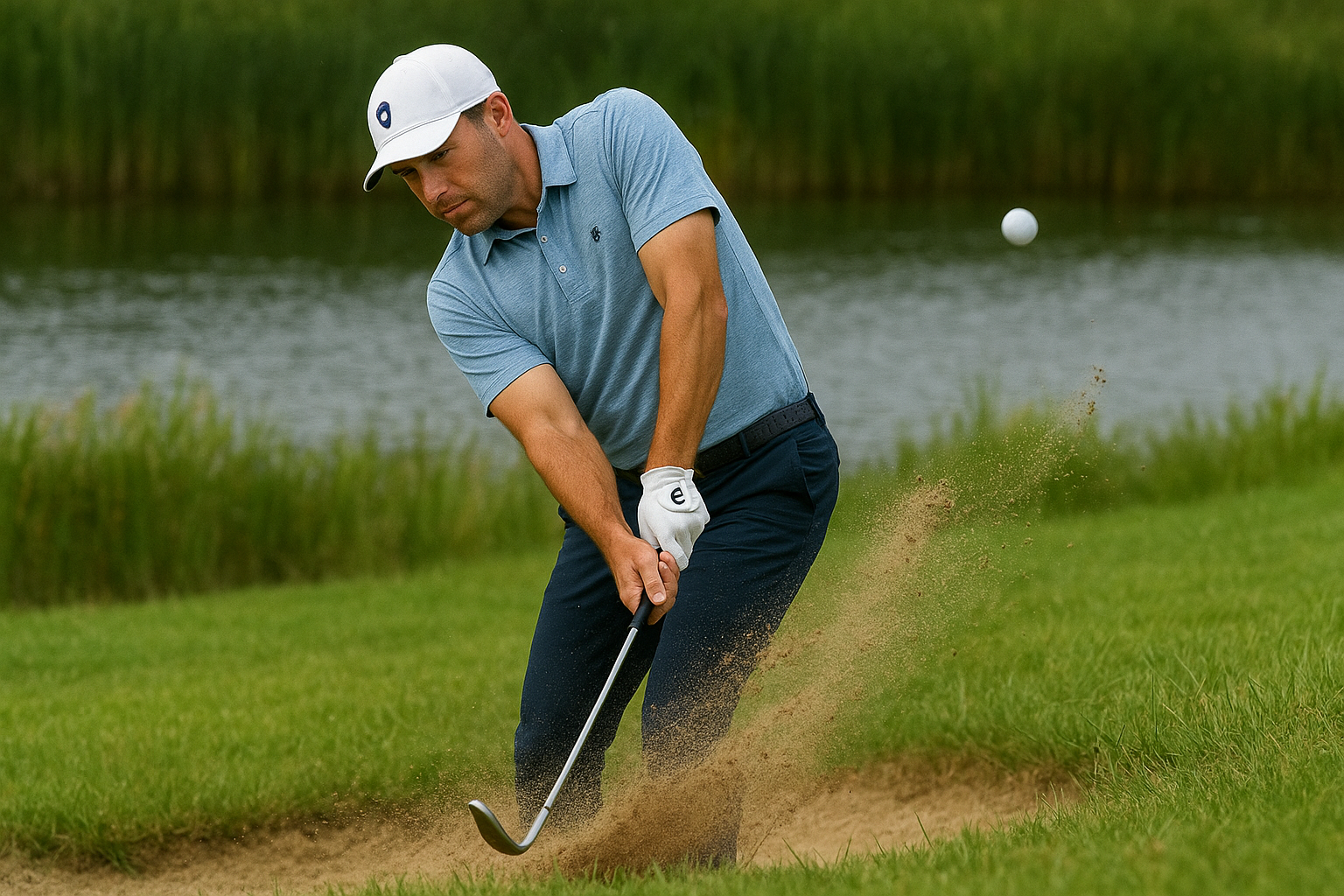 남자 골퍼 벙커 탈출위해 스윙하는 모습