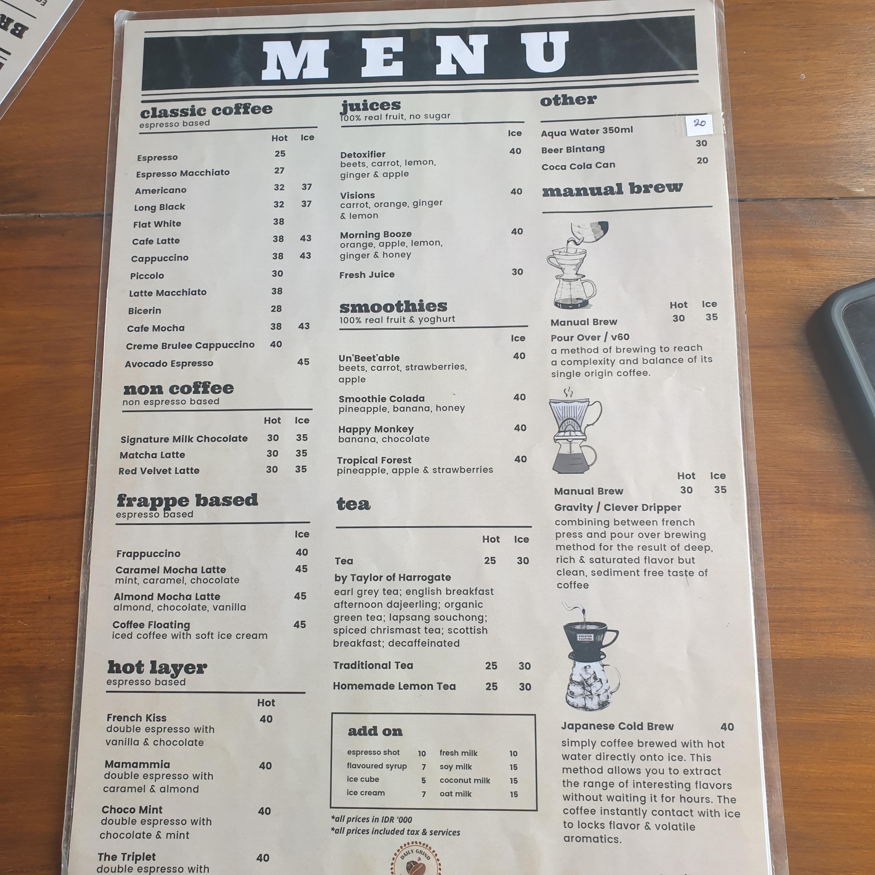 데일리 그라인드 커피(Daily Grind Coffee Shop & Roastery): 발리 짱구 지역 카페 ③_메뉴판 1