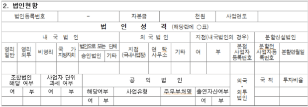 법인사업자등록증-법인현황-표