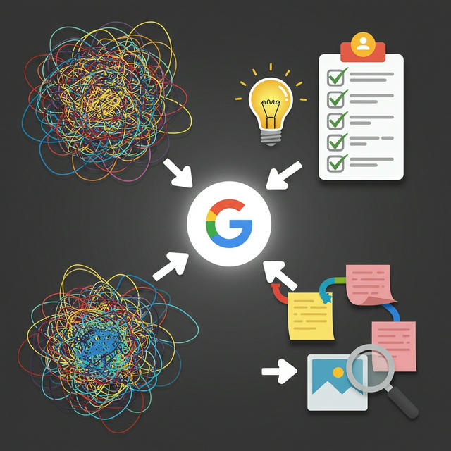 Google Keep 활용: 아이디어를 효과적으로 정리하고 직장인 할 일 관리 및 이미지 메모 검색 기능까지, 복잡한 생각을 체계화하는 과정을 보여주는 일러스트.