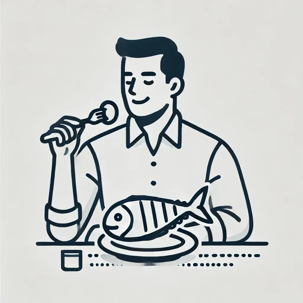 숭어 스테이크를 먹는 남자 일러스트.