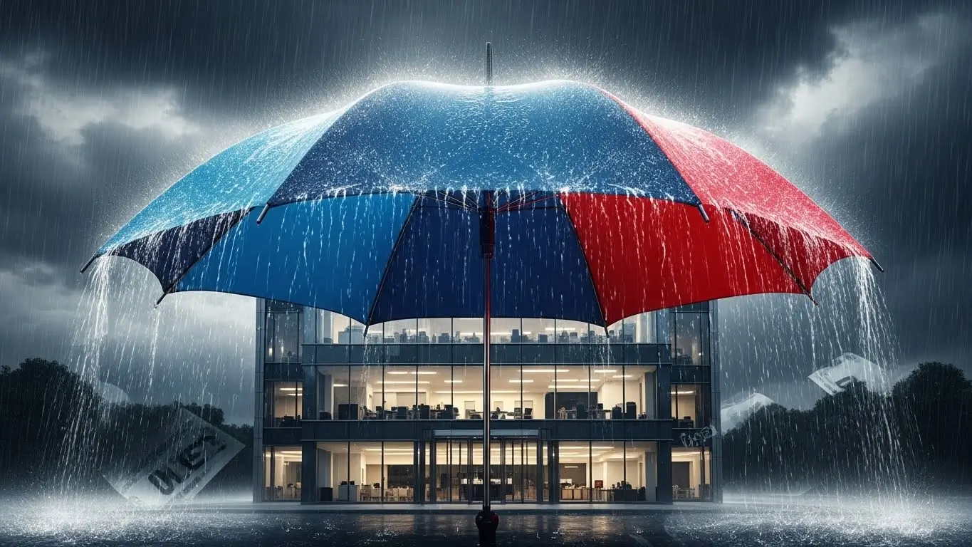 합산배제 신청을 통해 세금 폭탄을 피하는 우산을 쓴 법인 건물의 모습