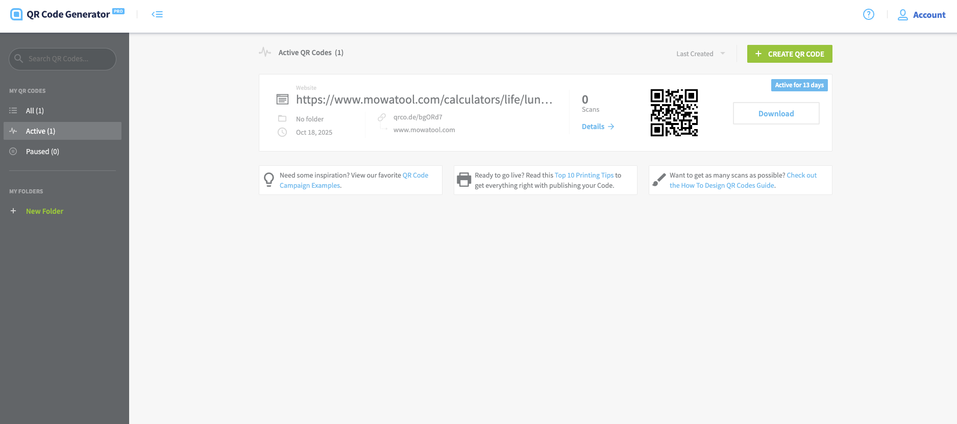 QR Code Generato 사이트에서 다운받기위해 로그인한 모습