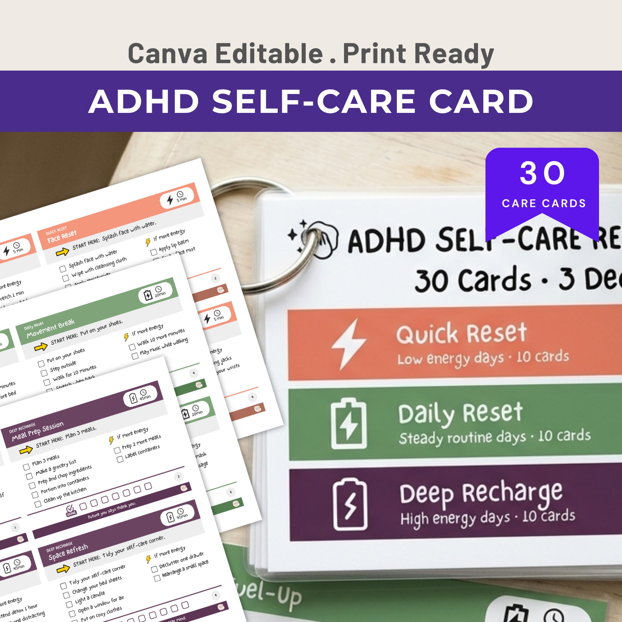 ADHD Self-Care Reset Cards Printable 30 Card Deck 3 Decks