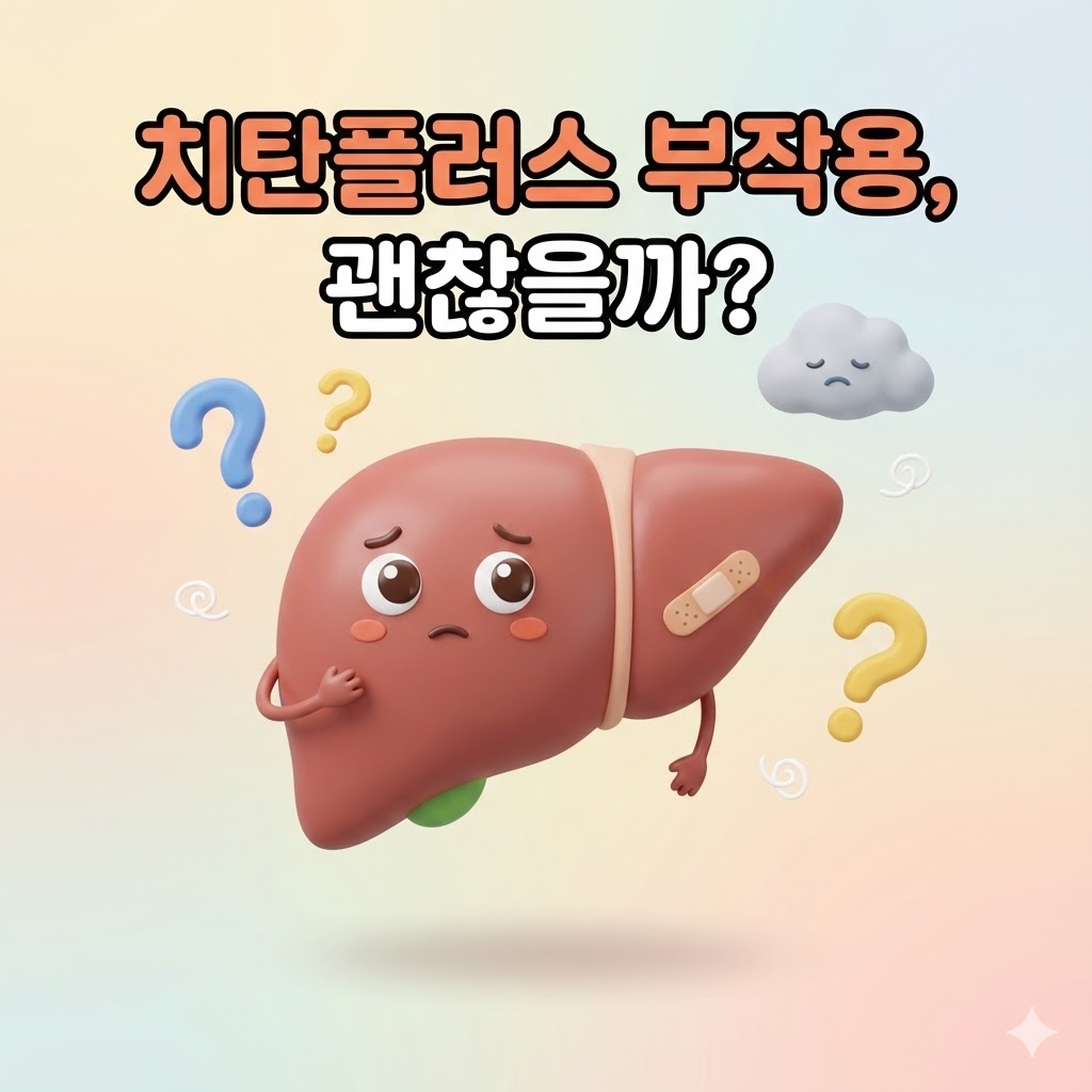 반창고를 붙인 귀여운 간 캐릭터와 물음표들이 있는 치탄플러스 부작용 관련 이미지.