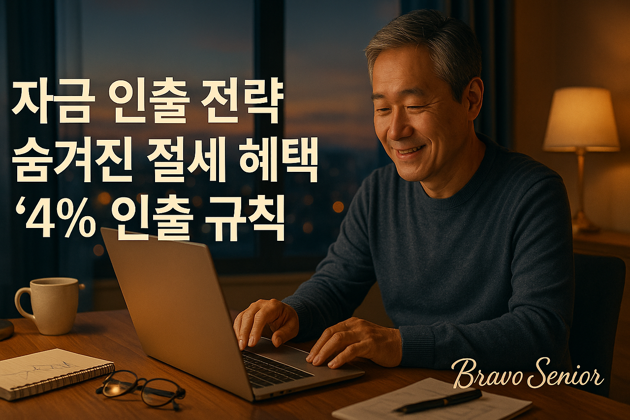 자금 인출 전략 숨겨진 절세 혜택 포함한 ‘4% 인출 규칙’ 재테크 매뉴얼이 적혀있고 남성 시니어의 노트북 작업장면