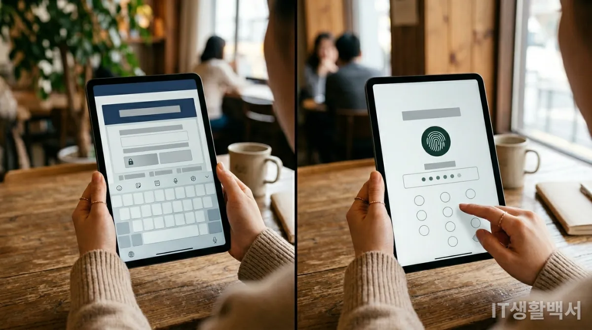 공동인증서와 금융인증서의 인터페이스를 비교하는 태블릿 화면