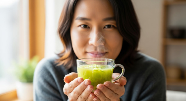 따뜻한 차와 양배추즙 한 컵