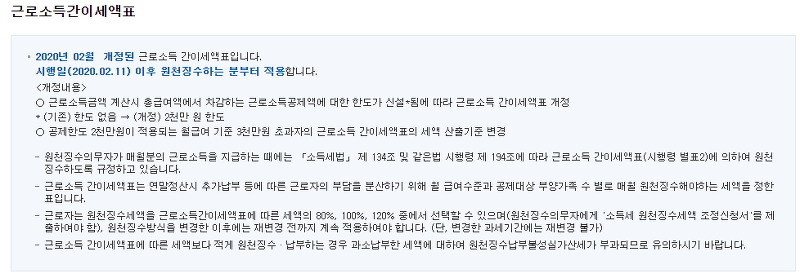 근로소득 간이세액표 개정 내용 안내