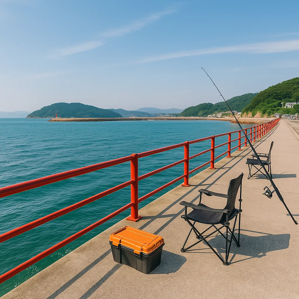 남해 방파제에 낚싯대와 의자가 놓인 낚시 풍경